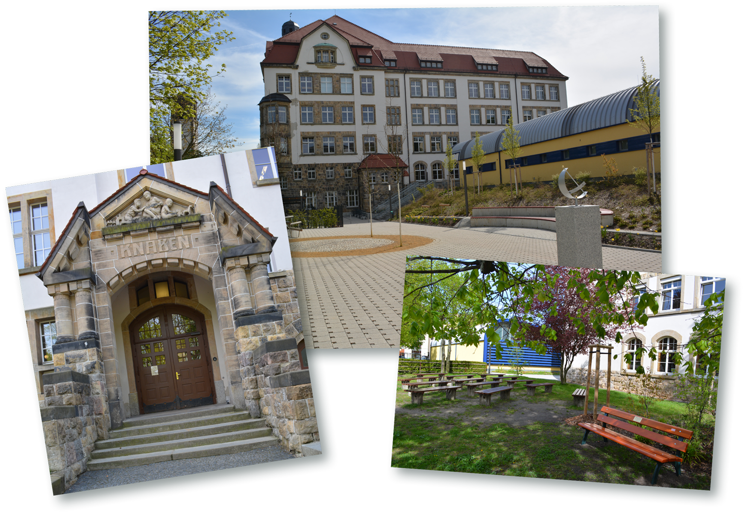 Schulhaus und Schulhof – Dr-Wilhelm-André-Gymnasium drei Bilder: oben Andrégymnasium mit Schulhof und Turnhalle; links unten Eingang zur Schule mit Schrift "Knaben" über der Tür; rechts unten grüner Schulhof mit Bänken und blühenden Bäumen